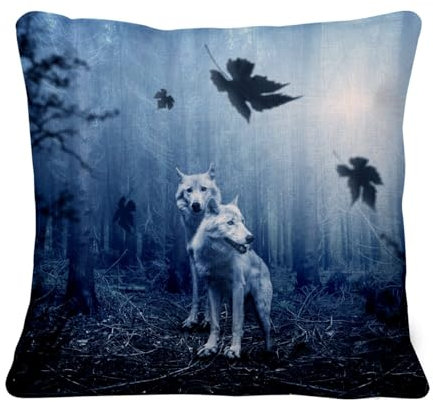 Fabulous Housse de Coussin en Lin - Couple de Loup Foret Sombre Animaux Sauvages Nature - 40 x 40 cm