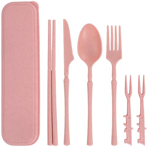 Bärbart bestickset med fodral, återanvändbar plastkniv gaffel sked ätpinnar porslin, resebestickset för camping picknick kontor skola eller dagligt bruk (rosa)