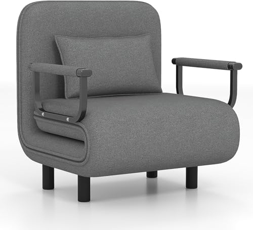Fabulcozy Poltrona Letto 4 in 1 – Poltrona Letto Singolo Pieghevole con Cuscino, Poltrone Sofa Divano Schienale Reclinabile, Poltrone Sofa Pouf 60L x 68P x 85A cm(Grigio)