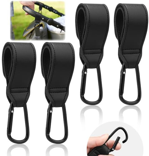 4 Stück Kinderwagen Haken, Schwarzer Metallkarabiner und Kletthaken, Universelle Kinderwagenhaken für Wickeltaschen, Hängetaschen, Einkaufstaschen