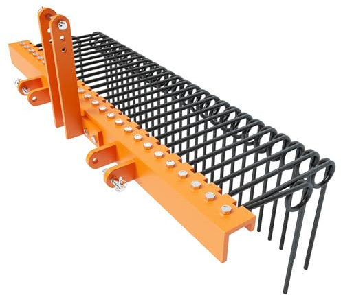 GarveeLife 60 Inch Pine Straw Needle Rake, 3 Point Landscape Rake, Powder Coated Steel Spring Tow Behind Rake, Tractor Rake Attachments for Leaves Straw Grass Attach to Cat 0 Cat 1, Orange