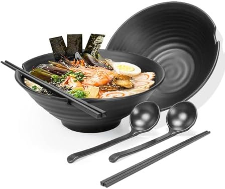 THP DEALS Juego de 2 cuencos grandes para ramen, vajilla japonesa para platos de pasta, ensalada, albóndigas de sopa Udon Pho, 1100 ml, juego de palillos y cucharas, gran regalo de inauguración de la