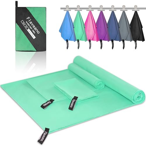 Flaveano Toalla Microfibra, Juego de 3 Toalla Gimnasio, Secado Rápido | 180x90cm, 80x40cm, 50x30cm para Viajes, Camping, Piscina, Playa y Deportes