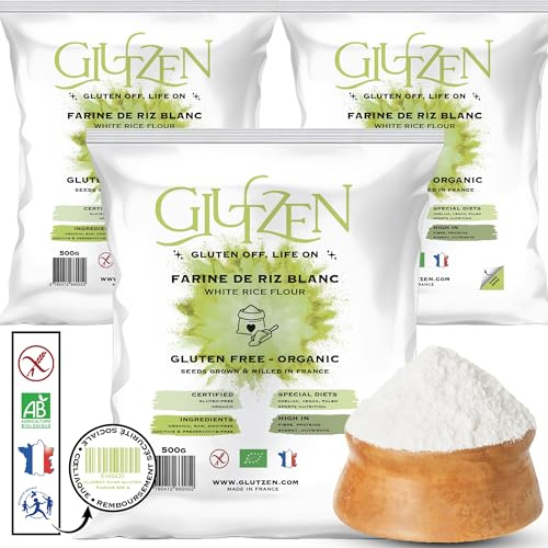 Farine de Riz Blanc Bio GLUTZEN. Cœliaque, Vegan | Compatible Machine à Pain, Pain Sans Gluten, Farine Pizza, Pâtes Sans Gluten, Pancakes, Biscuits, Muffins. Sans allergènes
