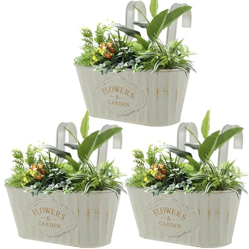 GWCYMYD 3Pcs Oval Metal Hanging Planter, Railing Planter Box with Detachable Hooks, Large Hanging Flower Pots Indoor Outdoor for Railing Fence Balcony Garden Home Decoration