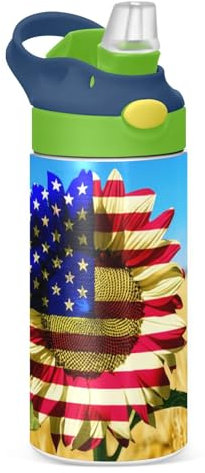 JUMBEAR Bouteille d'eau isotherme en acier inoxydable avec couvercle à paille pour enfants, motif tournesol, drapeau américain, 350 ml