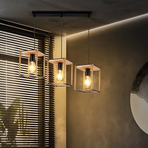 PCXWTLN 3-Flammige Pendelleuchte, Industrielle Hängeleuchte, Pendellampe im Käfig-Design,E27 Vintage Quadrat Lampenschirme aus Metall und Hanfseil für Küche, Wohnzimmer, Esstisch – Schwarz