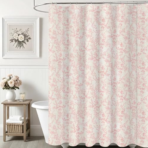 Ksriylm Duschvorhang aus Dichte Blüten aus Polyester-Leinen,Wunderschöne Blumen Stil Dekorieren Vorhang Duschvorhänge,180x180cmSchickes Stoff Tuch Blumenblätter Duschvorhang mit 12 Ringe,Rosa