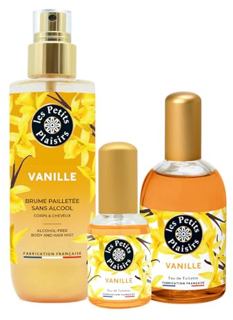 Trío Vainilla, eau de toilette 110ml y 30ml + bruma corporal 200ml, perfume mujer gourmand y solar, cofre regalo, Fabricado en Francia