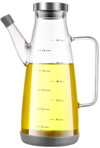 Hbbgdiy Botella de dispensador de Aceite 1000ml de Aceite de Oliva Transparente y Botella de de Soja con Mango, Escala, Tapa y Base de Corcho, para cocción de Cocina, Mesa de Comedor, Uso del hoga