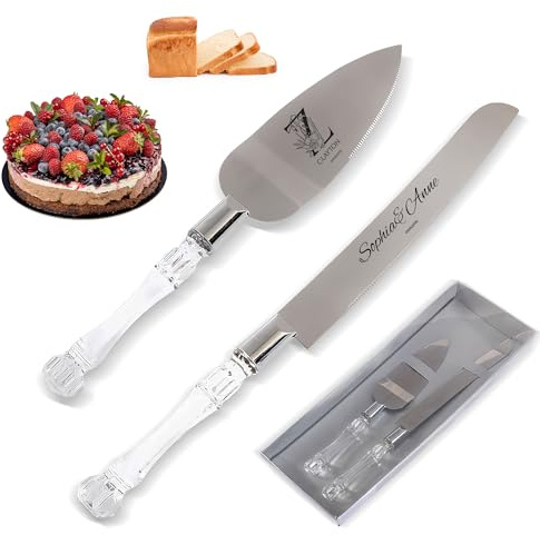 Juego de Cuchillo y Servidor para Tarta de Boda Personalizado, Set de corte de pastel de acero inoxidable personalizado con mango de plástico transparente,Fiesta,Fiestas Diarias, Bodas