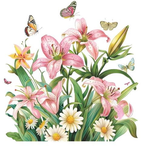 Adhesivo decorativo para pared con diseño de flores con lirios rosados, 62 x 58 cm, diseño de mariposas y jardín