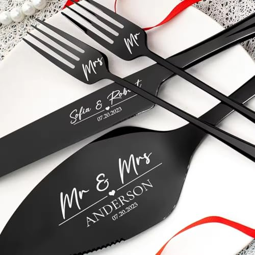 miguha Cuchillo for Pastel de Bodas Personalizado de Acero Inoxidable, Juego de Cuchillos y Servidor for Pastel de Bodas Personalizado con Tenedores, Juego de Corte y Cortador de Tartas(Black)