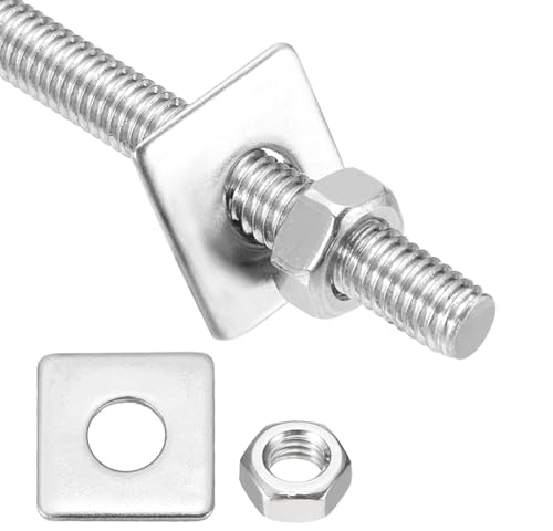 sourcing map 1Set M6x180mm Fully Threaded Rod, 304 Stainless Steel Threaded Rods Bar Studs Right Hand Threads with Nut Square Washer for Structural Anchoring Fastening Screw