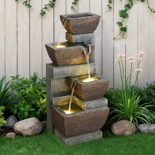 Kingsyard 27.95 Water Fountain Outdoor, 4-Tier Cascading Garden Waterfall Fountains with 12 LED Lights, Electric Resin Rock Outside Water Feature for Patio Porch Deck Yard Decor
