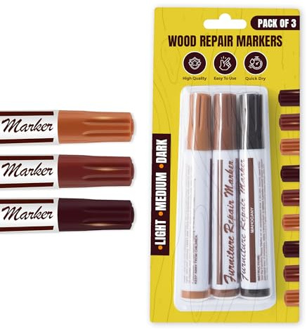 TB1 Products Wood Repair Markers 3 Pack – Furniture Touch-Up Pens for Scratches & Scuffs – Light, Medium & Dark Shades – Permanent Wood Filler Pens for Floors, Tables, Cabinets & Doors