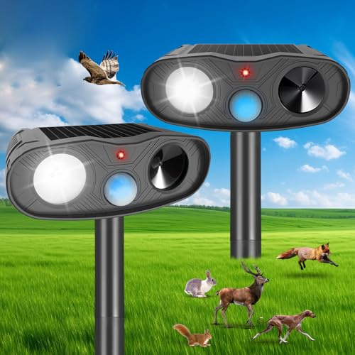 2026 Ultrasonic Animal Repellent Outdoor Deer Repellent Devices, 2Pack Solar Animal Repeller with Motion Detection Cat Squirrel Dog Repellent Deterrent with LED Flash Lights for Yard