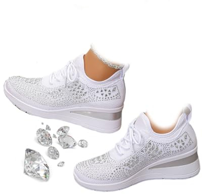 Women's Glittery Rhinestone Fashion Breathable Wedge Sneakers, Sparkly Bling Wedding Dressy Tennis Shoes for Bride, Orthopedic Wedge Sneakers