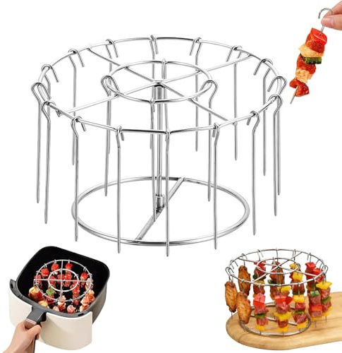 Air Fryer BBQ Grill Rack, Stainless Steel Kebab with 24 Skewers, Newly Upgrade Anti-Slip Grooves Hanging Barbecue Rack for Meat, Wings, Vegetable, Compatible with Airfryer Oven Steamer and Rice Cooker