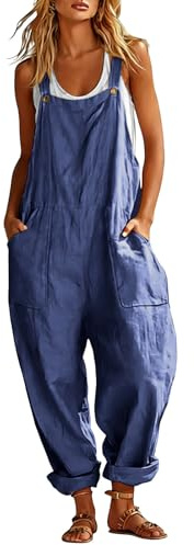 OVARA Dungarees for Women Casual Baggy Overalls with Pockets Adjustable Straps One Piece Bib Pants Ladies Vintage Sleeveless Plain Summer Jumpsuits for Work Travel Holiday
