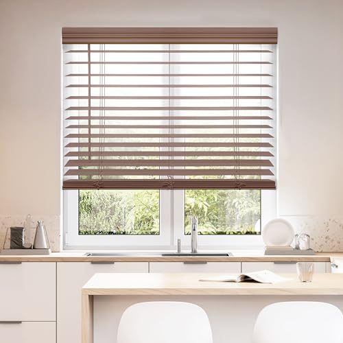 DEZ FURNISHINGS Cordless 2 Faux Wood Blind, 34 W x 48 H, Dark Oak