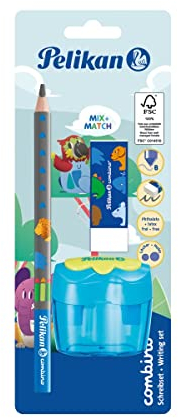 Pelikan Combino Schulset, ergonomischer dreieckiger Bleisstift B, Radierer, Doppellochspitzer, 1 Stück farbig sortiert - keine Farbauswahl möglich!