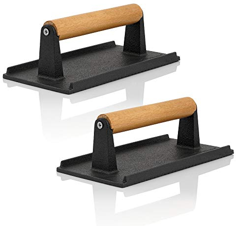 BBQ-TORO Presse à Hamburger en Fonte 1 kg (2 pièces) | 21 x 11 cm | Poids de Viande pour Burgers avec poignée en Bois, Presse à Burger et Steak, Moule à Viande