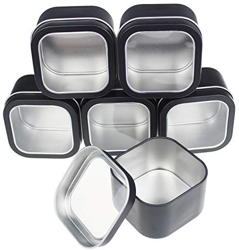 Goodma 6 Stück leere 240ml quadratische Metalldosen, Schwarz | Klares Fenster, Für Kerzenherstellung, Für Süßigkeiten, Für Geschenke & Schätze