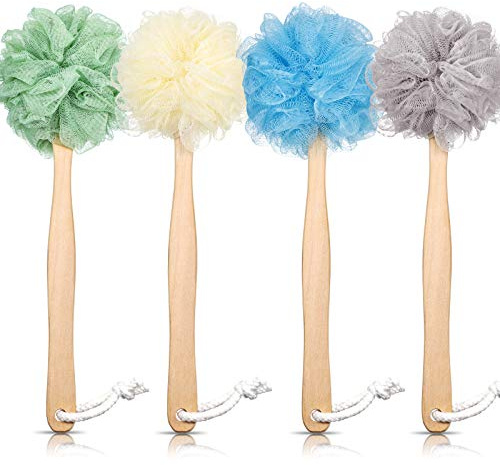 4 Pieces Loofah Back Scrubber Bath Sponge with Wooden Handle Long Handle Sponge Mesh on a Stick for Shower Exfoliating Bath Body Brush Luffa Back Brush for Women Men