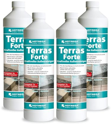 HOTREGA Terras Forte Steinreiniger 4x 1L | Konzentrat für Außenbereiche | Terrassenreiniger ohne Schrubben | Für Naturstein & Beton | Aktivchlor Formel gegen Schmutz | Ergiebig bis 40 Liter