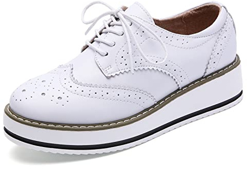 DADAWEN Women's Platform Lace-Up Wingtips Square Toe Oxfords Shoe White Leather US Size 8/Asia Size 40/25cm