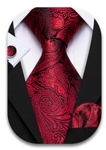Barry.Wang Men's Tie Set Paisley Silk Pocket Square Cufflinks Necktie Woven Wedding Burgundy