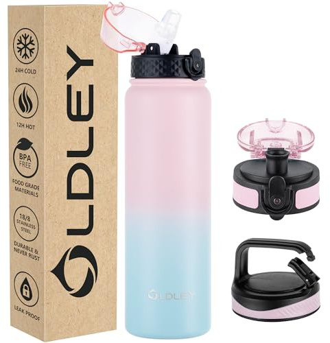 OLDLEY Edelstahl Trinkflasche mit Strohhalm 1L Isolierte flasche mit 3 Deckel Große Thermosflasche 1 Litre Auslaufsicher Halten Heiß Kalt für Sport Gym Camping Fahrrad (Rosa Blau, 3 Deckel)