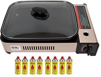 NJ Portable Gas BBQ Deep Dish Grill Stove Tabletop Camping Cooker Non-stick Pan Glass LID (Gas Grill + 8 Canisters)