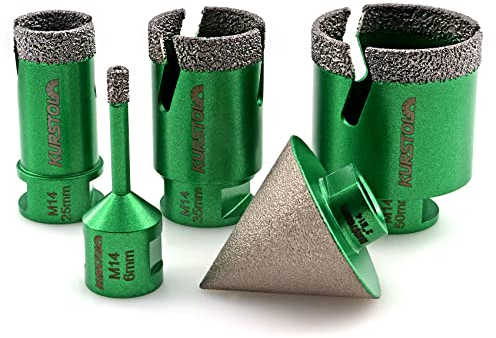 Fliesen-Lochsägen-Set – 4 Stück Diamant-Kernbohrer 6/25/35/50 mm 1 Stück Abschrägung Fasen-Bit 50 mm M14 Gewinde zum Formen von Vergrößern Porzellan Keramik Fliesen Granit Marmor Winkelschleifer