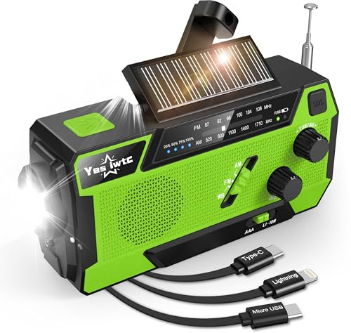 Yesiwtc 7400mWh NOAA Emergency Weather Radio with 3 in 1 Charging Cable - Solar Hand Crank Alert Radio - 3 Power Supply Methods - SOS Alarm, Flashlight for Hurricane Emergencies