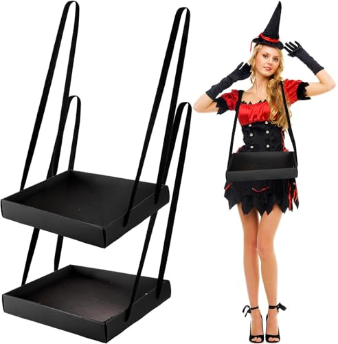 Junkin 2 Pcs Snack Trays with Strap Wearable Party Serving Tray Foldable Usherette Popcorn Drink Beverage Carrier Red Movie Night Costume Accessory Prop with 4 Ribbons, 2 x 11 x 13 Inches(Black)