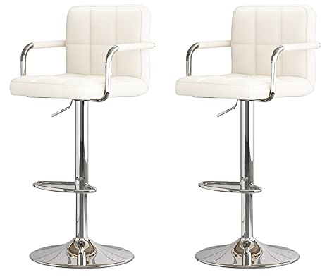 TUITUI 2-pack stoppade barstolar med armstöd, moderna kök höga pallar med ryggstöd och fotstöd, barstolar justerbar höjd, konstläder och metall (vit), 43,5 × 38 × 87 cm