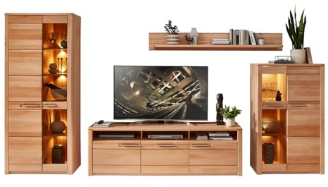 Lomadox Wohnzimmerset Wohnwand inkl. Beleuchtung Vitrine Wandboard Vitrinenschrank TV Lowboard, Front Kernbuche massiv