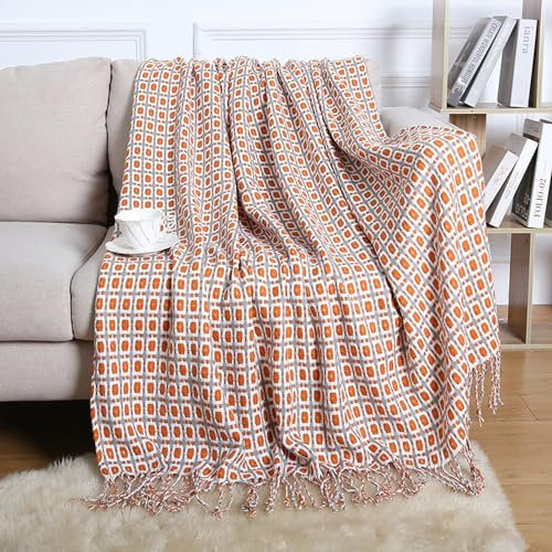 Menkala Kuscheldecke Boho Style Decke mit Fransen Terracotta Kariert Strickdecke Tagesdecke Sofadecke Weich Wohndecke Couchdecke für Sofa Betten Büro Reisen Wohnzimmer Schlafzimmer 130x150 cm