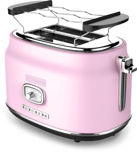 Westinghouse Grille pain rétro - Machine a Pain - Toaster - 2 tranches - Fentes extra larges - Support de maintien au chaud - 815W - Rose