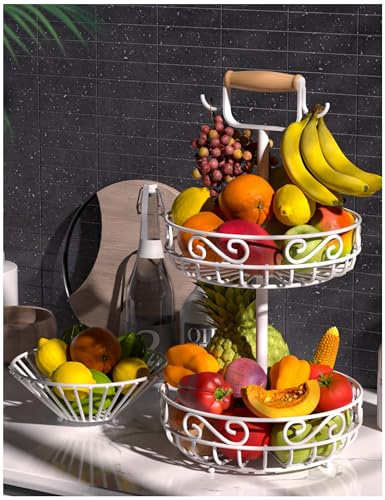 Couwilson 2-stöckiger Obstkorb und Obstschale - Obst- und Gemüseaufbewahrung mit Bananenbaumaufhänger und Holzgriff, Obstkorb für Küchentheke, für Brot, Zwiebeln, Kartoffeln, Gemüse (Weiß)