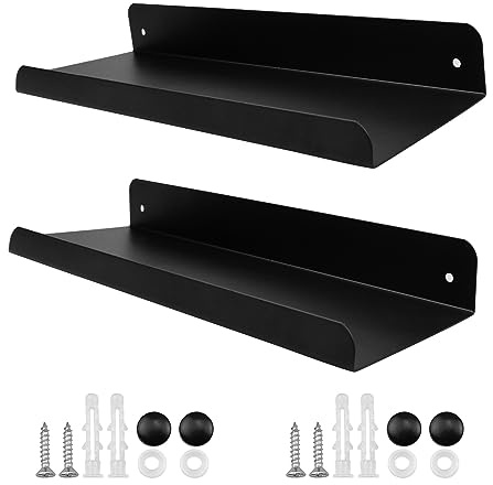 Hocadrv 2 Stück Schwarz Wandregal Schwarz Metall Wand Hängeregal Wandregal | Schwarz Metall Küchenregal Wand für Wohnzimmer Badezimmer Küche Schlafzimmer Wandboard (28X11CM)