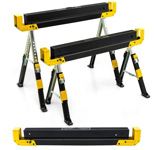 GYMAX Juego de 2 Caballete de Trabajo de Altura Ajustable, con Soporte Antideslizante, Soporte Plegable con Práctica Asa, Soporta hasta 1180 kg, Color Negro y Rojo