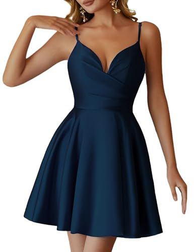 Lecureler Satin Spaghetti Strap Short Prom Dress