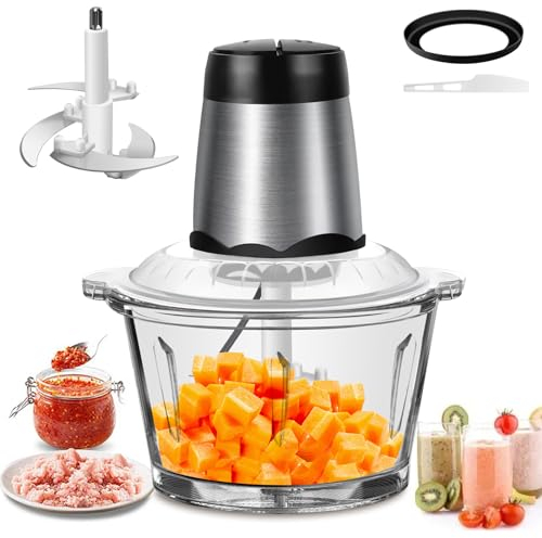 Robot culinaire avec bol en verre transparent, petit hachoir à viande et hachoir à viande 300 W Hachoir à légumes électrique avec 4 lames tranchantes, mode 2 vitesses, pour viande/poisson/légumes