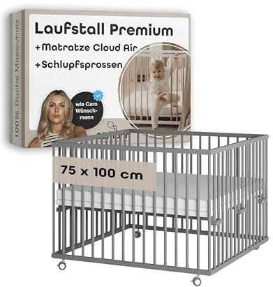 Sämann Laufstall Baby mit Matratze Cloud Air und Schlupfsprossen | TÜV geprüft | stufenlos höhenverstellbar | Laufgitter Premium | Babybett aus Holz | Krabbelgitter (grau, 75x100 cm)