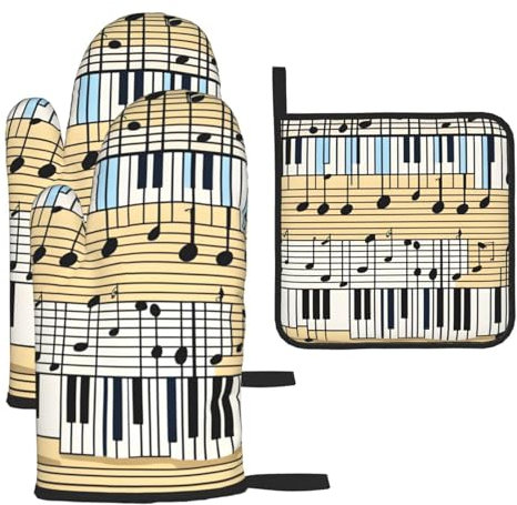 YYHHAOFA Lot de 3 gants de cuisine imperméables et durables pour four et manique pour isolation thermique Motif guitare piano