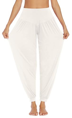 PINSPARK Yogabyxor, dam, långa haremsbyxor, sport, yogabyxor, curvy joggingbyxor, extra stor pluderbyxor, fritidsbyxor, eleganta sportbyxor, Vit, XXL