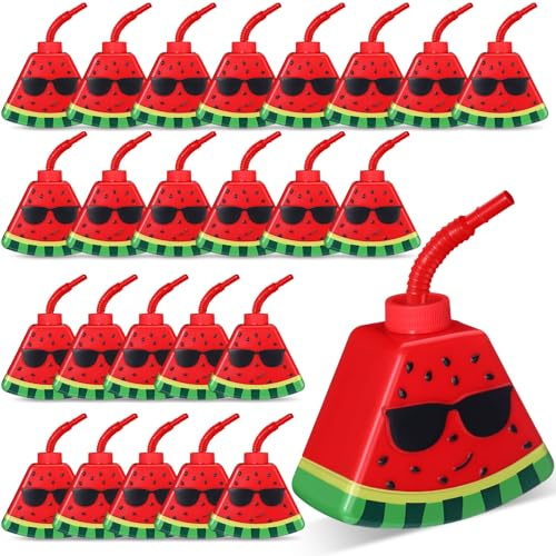Dandat 24 Pcs Watermelon Birthday Decoration Party Favors 13oz Plastic Watermelon Shape Cups with Straws and Lids Fruit Party Sippy Cups for Christmas Stocking Stuffers